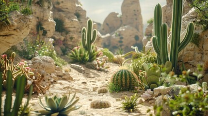 A closed desert ecosystem simulation with cacti, succulents, and desert creatures coexisting in a...