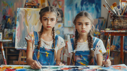 Twin sisters painting side-by-side on canvases