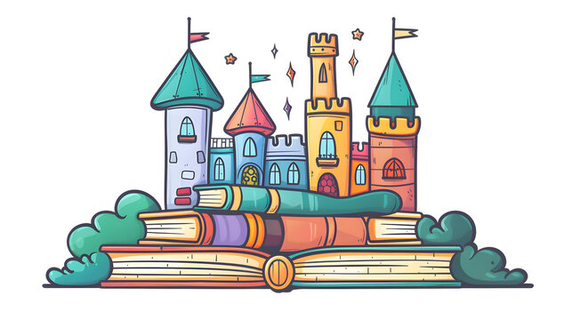 vector illustration of books stack with fantasy castle