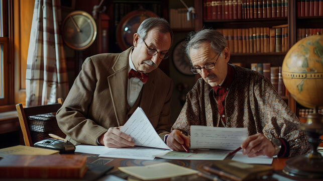 Two professors grading papers together in their book-lined study