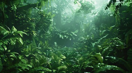 Fototapeta na wymiar A closed rainforest ecosystem model with a dense canopy, diverse plant life, and small animals thriving in a controlled tropical environment,