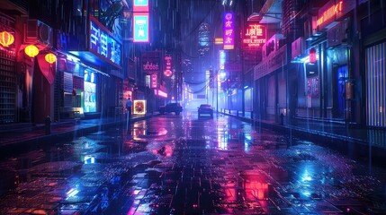 A vibrant city street bathed in neon lights reflecting on wet pavements, capturing the dynamic life of the city.