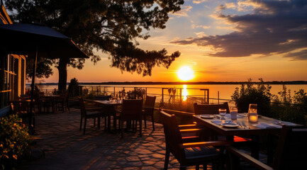 Fototapeta premium Beautiful lake restaurant with sunrise and sunset views