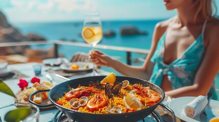 Woman eating paella traditional spanish dish with a blurry backdrop and beautiful sea view with space for text or product, Generative AI.