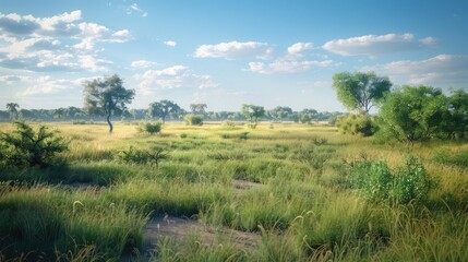 A closed savanna ecosystem simulation with grasslands, acacia trees, and savanna animals coexisting...