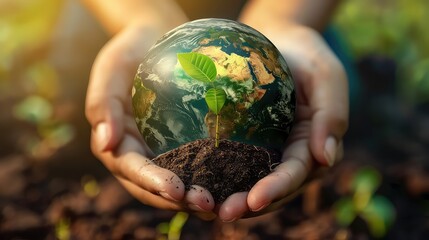 Illustration of Green Earth with in human hand In Forest And Defocused Abstract Sunlight