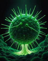 A close-up of a neon green virus particle, showcasing a detailed and futuristic depiction of its spiky surface.