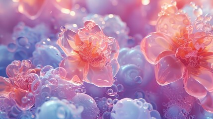   A pink flower floats atop water bubbles in the center of the image