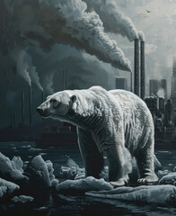 climate crisis, polar bear, melting glaciers, industrial chimneys and smoke, polluted air, realistic, deep focus, natural ligh - obrazy, fototapety, plakaty