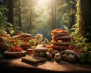 food in the forest cartoon hyper-realistic