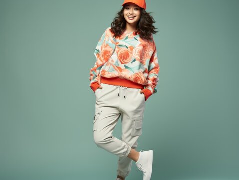 Woman in Colorful Sweatshirt and Sweatpants Posing for Picture