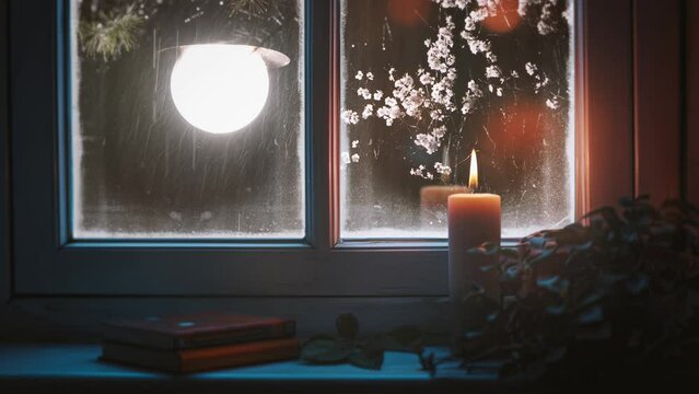 Rain and raindrops flowing on the glass window and the comfortable sound of rain ASMR, streetlight lights and cherry blossom scenery on a spring rainy night, candles and candles on the desk
