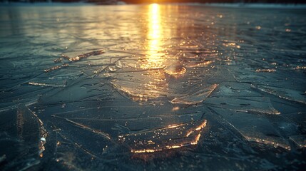   Sunlight pierces the ice on a frosty water surface during winter