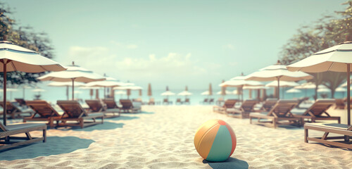 A bright beach ball adds a pop of color to the otherwise calm beach landscape, which is lined with...