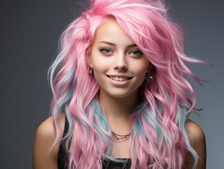 Smiling Woman With Pink and Blue Hair