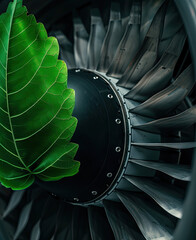 Close up of a jet engine with a green leaf symbol prominently displayed