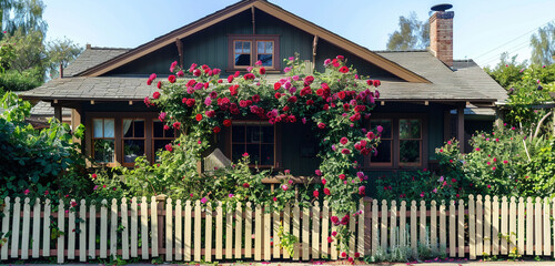 A charming craftsman-style house with a quaint picket fence and a profusion of climbing roses adorning its exterior walls