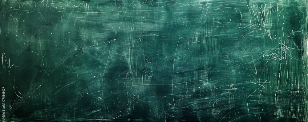 Poster wide angle view of a chalkboard with random white chalk scribblings