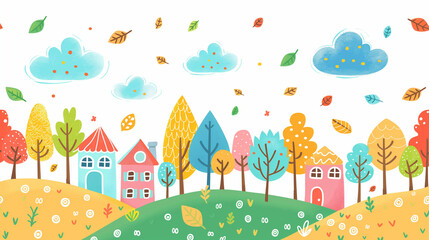 Colorful cartoon trees, houses and clouds, simple lines, flat style illustrations.