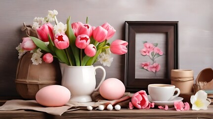 Easter breakfast still life, Blank picture frame mockup. Wooden bench, table composition with cup of coffee, old books,Spring bouquet of pink tulips.