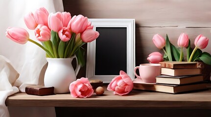 Easter breakfast still life, Blank picture frame mockup. Wooden bench, table composition with cup of coffee, old books,Spring bouquet of pink tulips.