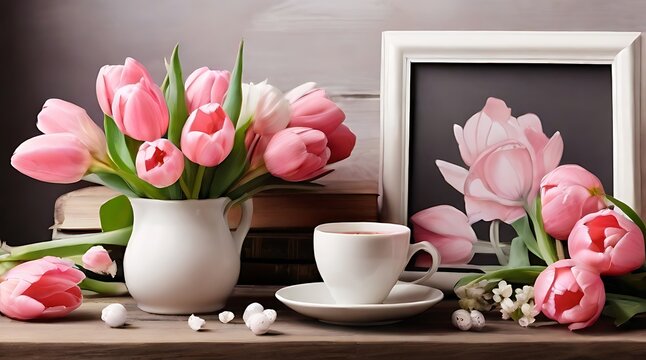 Easter breakfast still life, Blank picture frame mockup. Wooden bench, table composition with cup of coffee, old books,Spring bouquet of pink tulips.