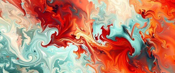 Dynamic swirls of fiery red and cool mint collide, creating a visually striking abstract spectacle.