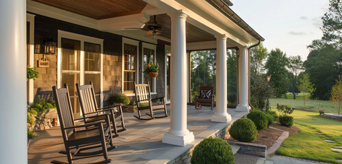 A craftsman-style house with a spacious front porch adorned with rocking chairs, perfect for lazy summer evenings