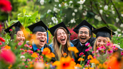 Joyful Graduates Celebrating in Floral Field. A diverse group of jubilant graduates laugh together, surrounded by vibrant flowers, capturing the essence of achievement and friendship.