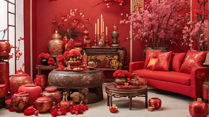 The festive interior of a living room adorned for Chinese celebrations, featuring vibrant decorations, traditional elements, and warm lighting, all captured in stunning high definition.
