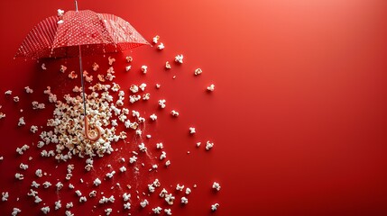 A red umbrella kept on a red surface with popcorn a concept of enjoying movie at rainy season with space for text or product, Generative AI.