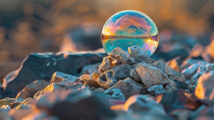 Glass ball resting on a rock, suitable for nature or outdoor themes