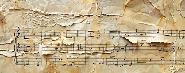 Horizontal image of an aged, wrinkled music sheet with musical notation