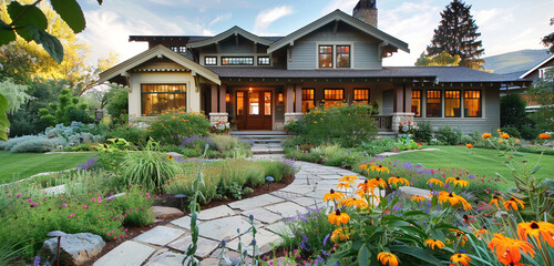 Beautiful flowers surround a calm craftsman-style home with a meandering stone road leading to its hospitable front door - obrazy, fototapety, plakaty