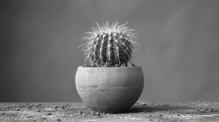   A monochrome snapshot of a diminutive cactus encased in a ceramic container perched atop a wooden surface against a muted backdrop - obrazy, fototapety, plakaty