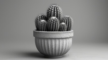   A grayscale image depicting a cactus contained within a white ceramic container set against a monochromatic backdrop, with a subtle cast shadow of the plant nest