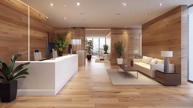 Modern office interior with wooden and white color and nature view from window with space, Generative AI.
