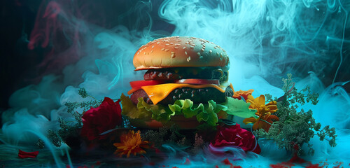 A solarization-styled hamburger surrounded by flowers, with luminous hues, rainbow core, realistic...