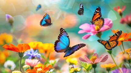 Meadow filled with colorful butterflies alighting on freshly bloomed flowers