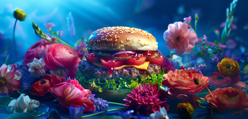A hamburger in a floral arrangement, in the solarization style; azure, dazzling hues, realistic...