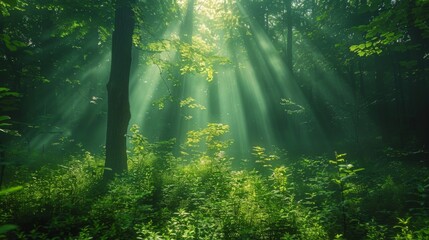 A forest with a bright sun shining through the trees. The sun is casting a warm glow on the green leaves and the forest floor. The scene is peaceful and serene