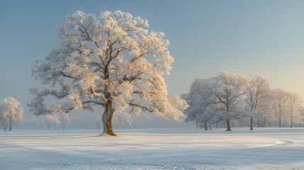   A snow-covered tree stands tall in a field surrounded by trees
