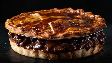 Portrait of steak and kidney pie kept on clean plate and studio black backdrop with a big space for text or product, Generative AI.