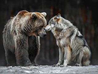 Captivating Scene of a Brown Bear and Grey Wolf Interacting in a Mystical Forest Setting