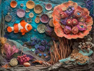 Colorful Handmade Clay Artwork Depicting Underwater Sea Life with Coral Reef and Tropical Fish