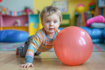 little baby plays with a fitball in the gym