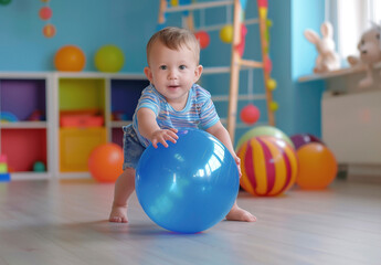 little baby plays with a fitball in the gym