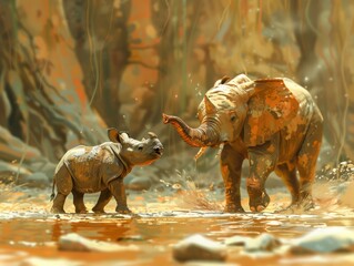 Fototapeta premium Majestic African Elephants Tender Moment in Warm Golden Light of Savannah