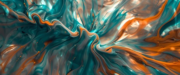 Dynamic swirls of teal and tangerine unfold, capturing the essence of energetic fluidity on a liquid canvas."