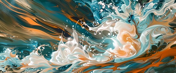 Dynamic swirls of teal and tangerine unfold, capturing the essence of energetic fluidity on a liquid canvas."